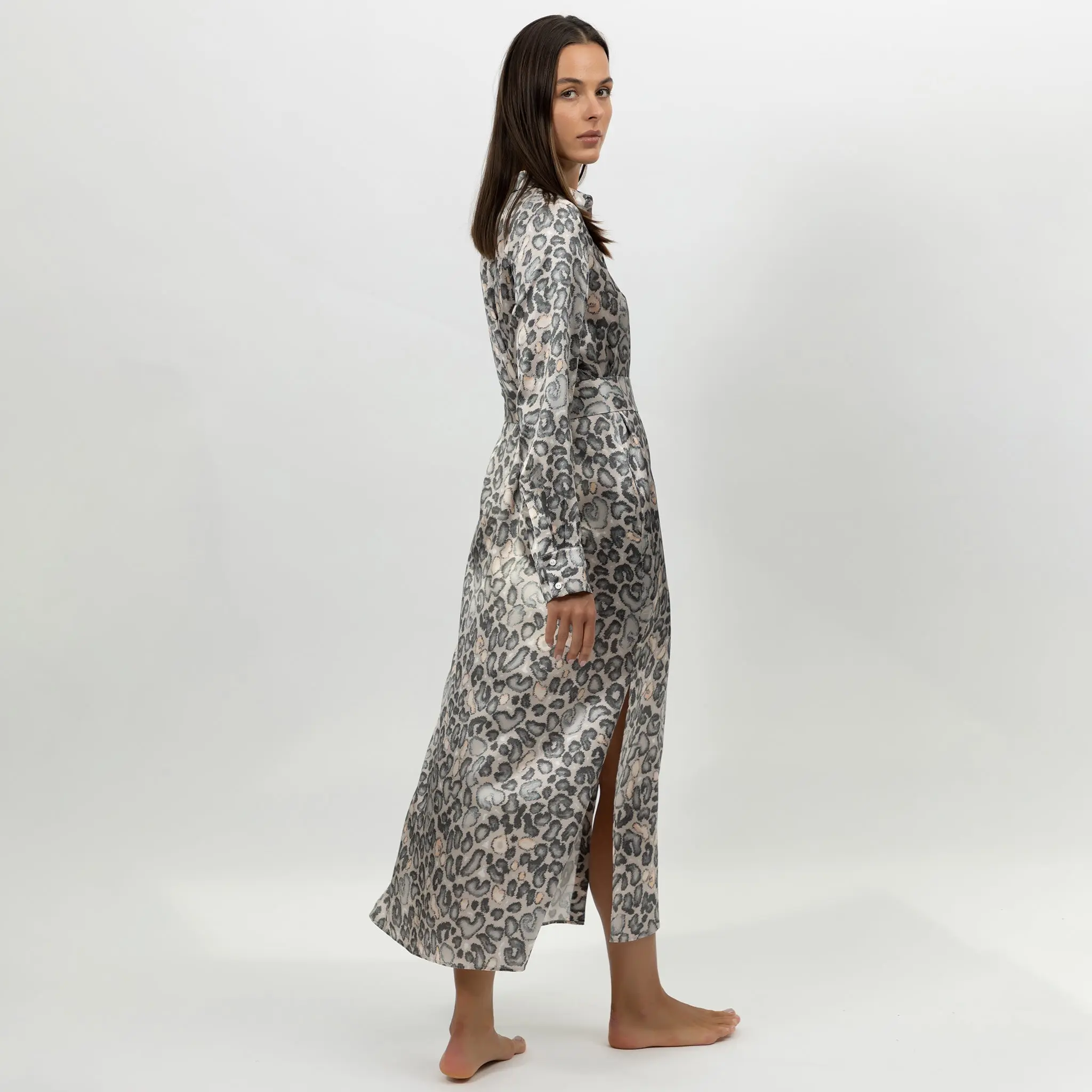 Silk Button-down Long Shirt Dress Animal Print - Image 3