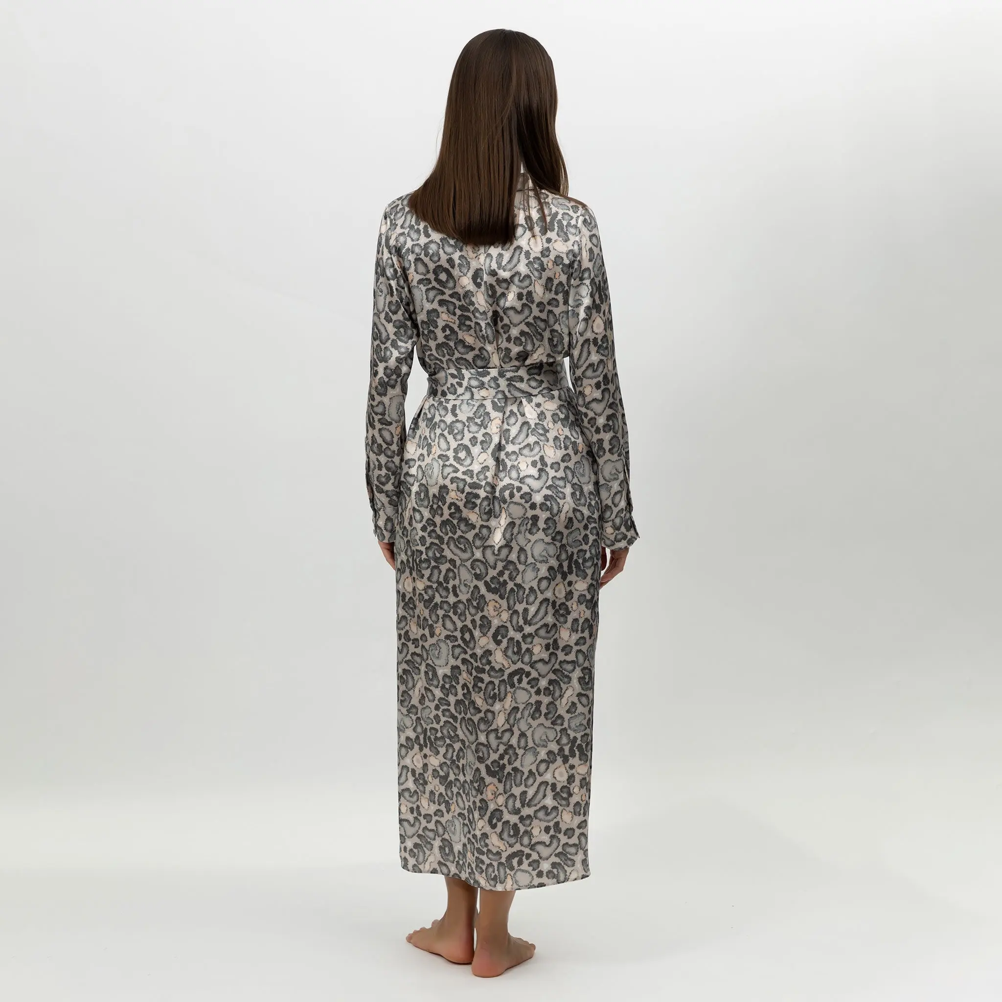 Silk Button-down Long Shirt Dress Animal Print - Image 4