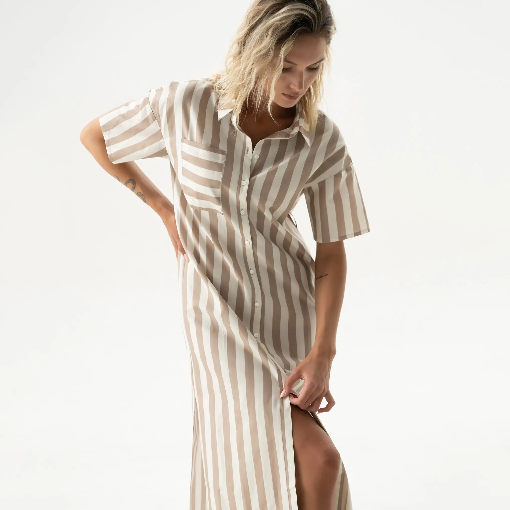Silk Cotton Long Shirt Dress Oat Milk - Image 10