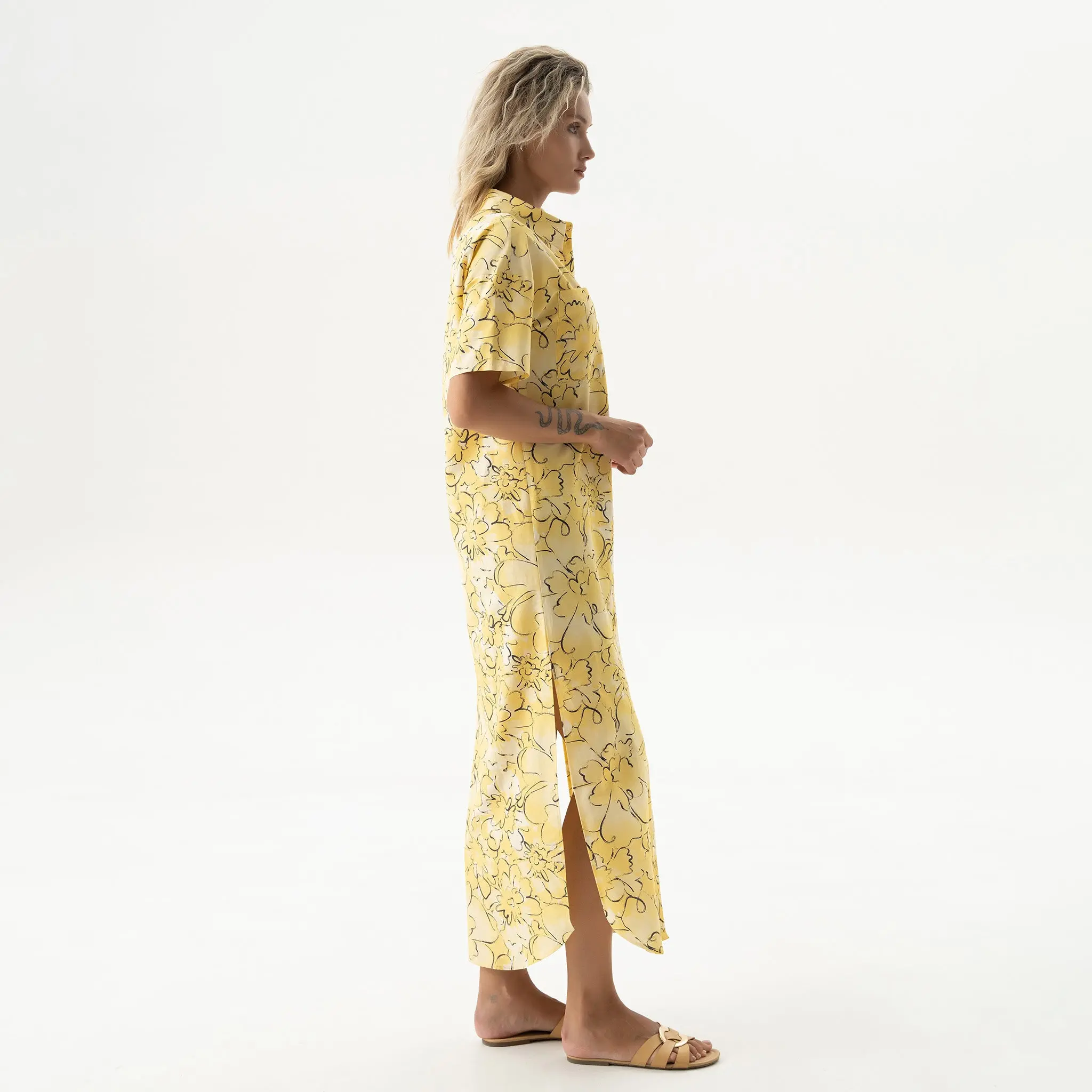 Silk Cotton Long Shirt Dress Yellow Flowers - Image 6
