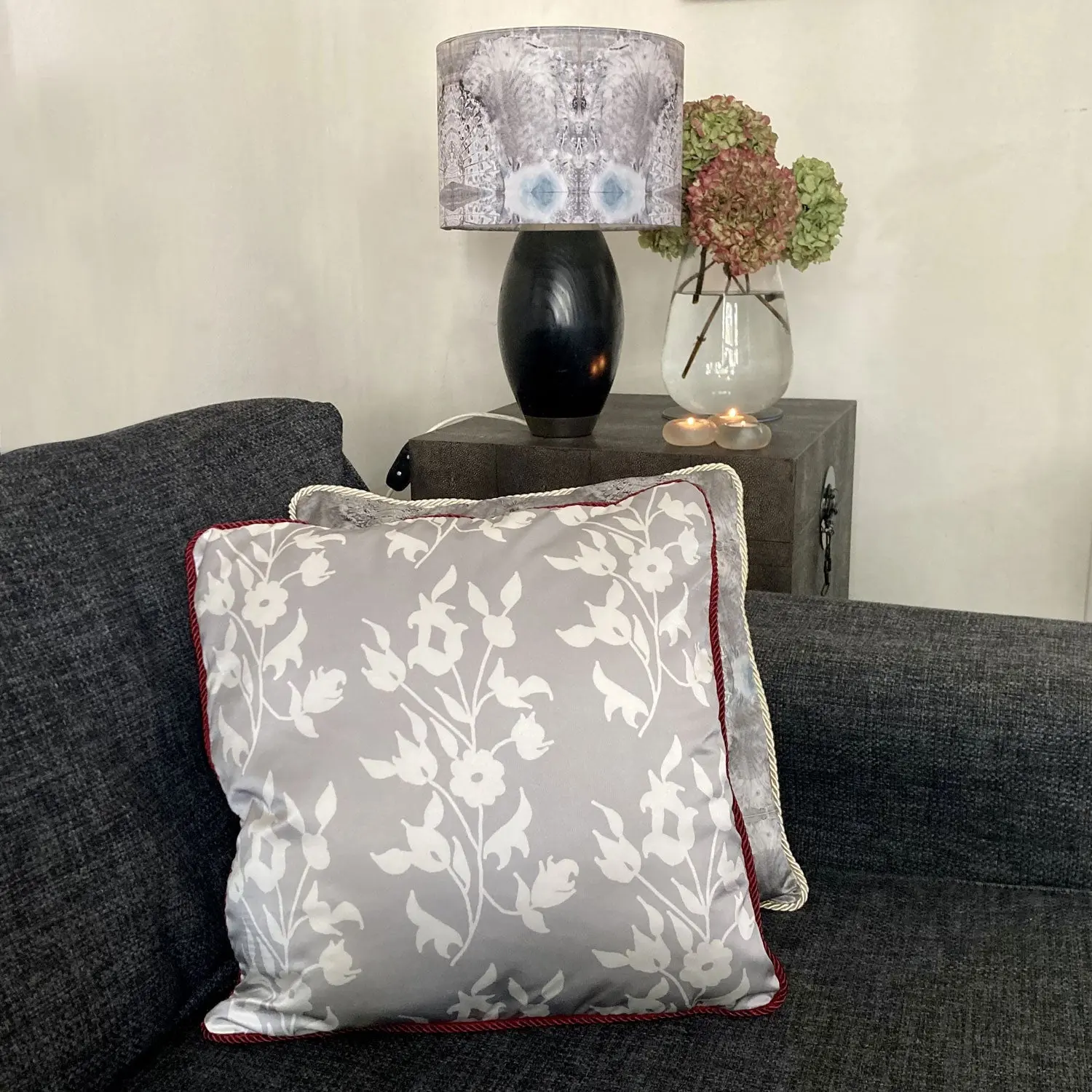 Silk Cushion - White Foliage On Grey - Image 6