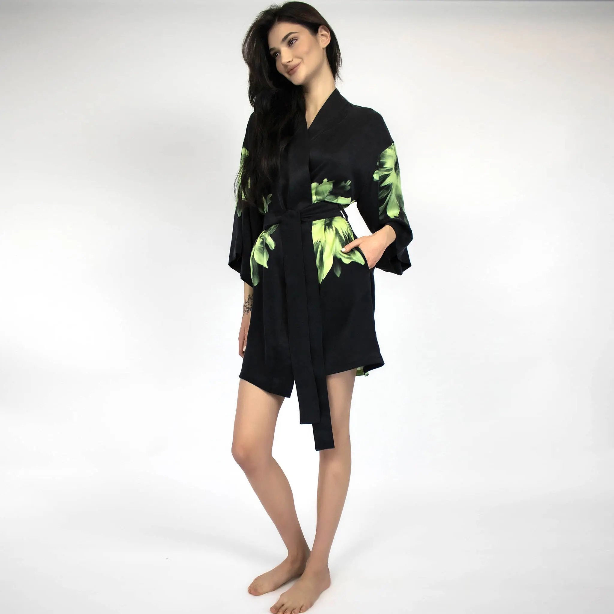 Silk Dreamscape Short Kimono Robe Black Flower - Image 3