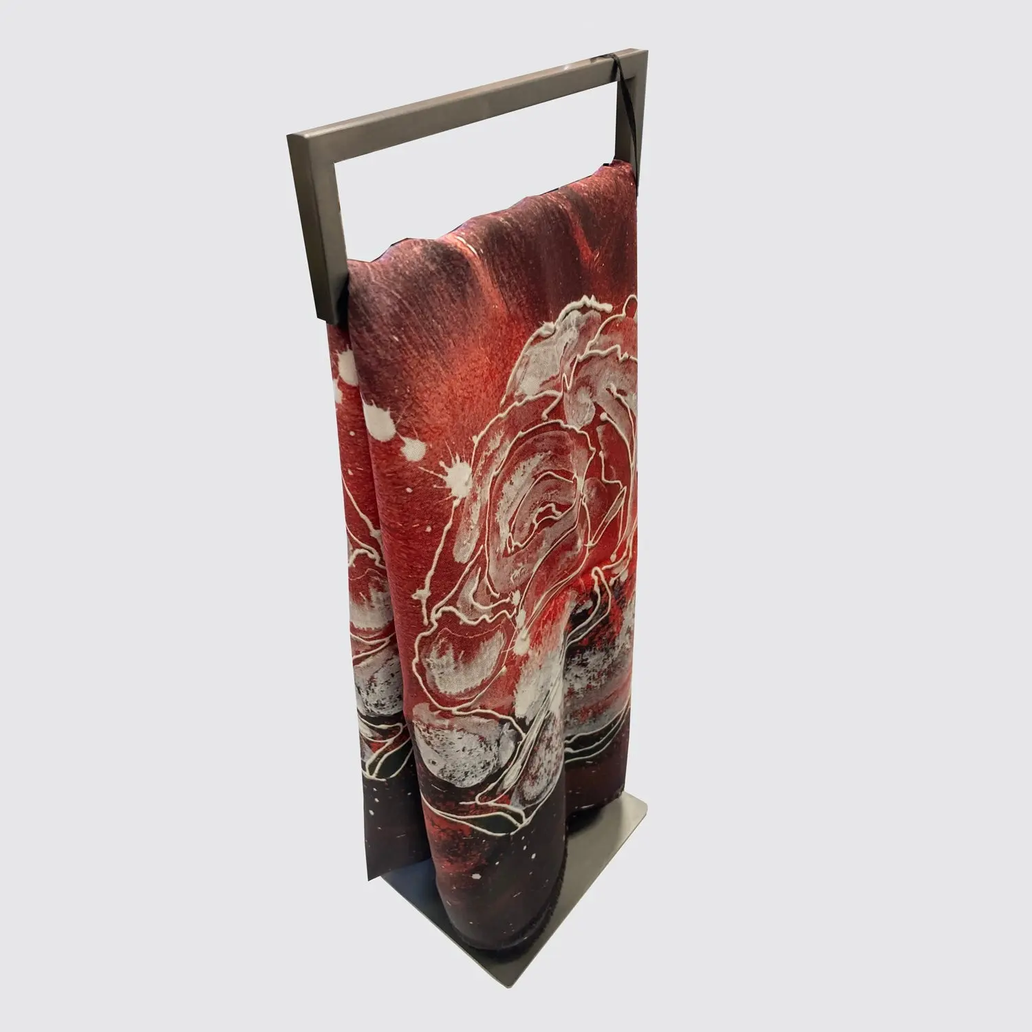 Silk Scarf - Red With Line Roses - Hand-Rolled Hems - Image 4