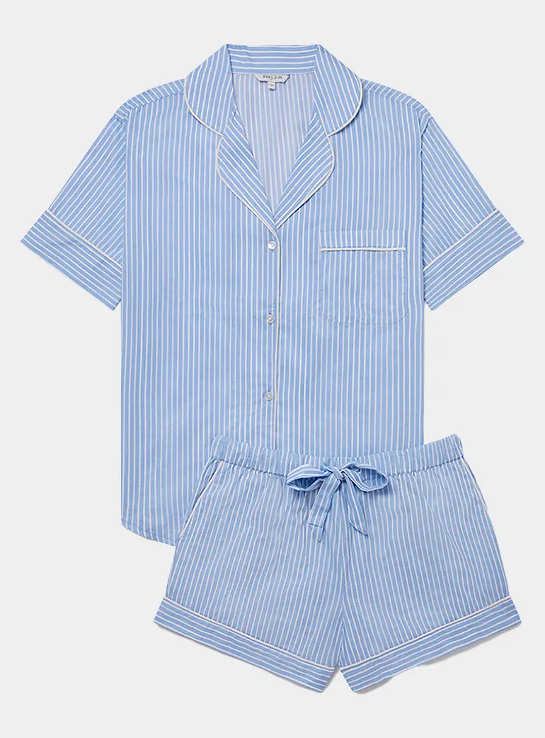 Blue Stripe Women's Short Sleeve Organic Cotton Pyjama Short Set