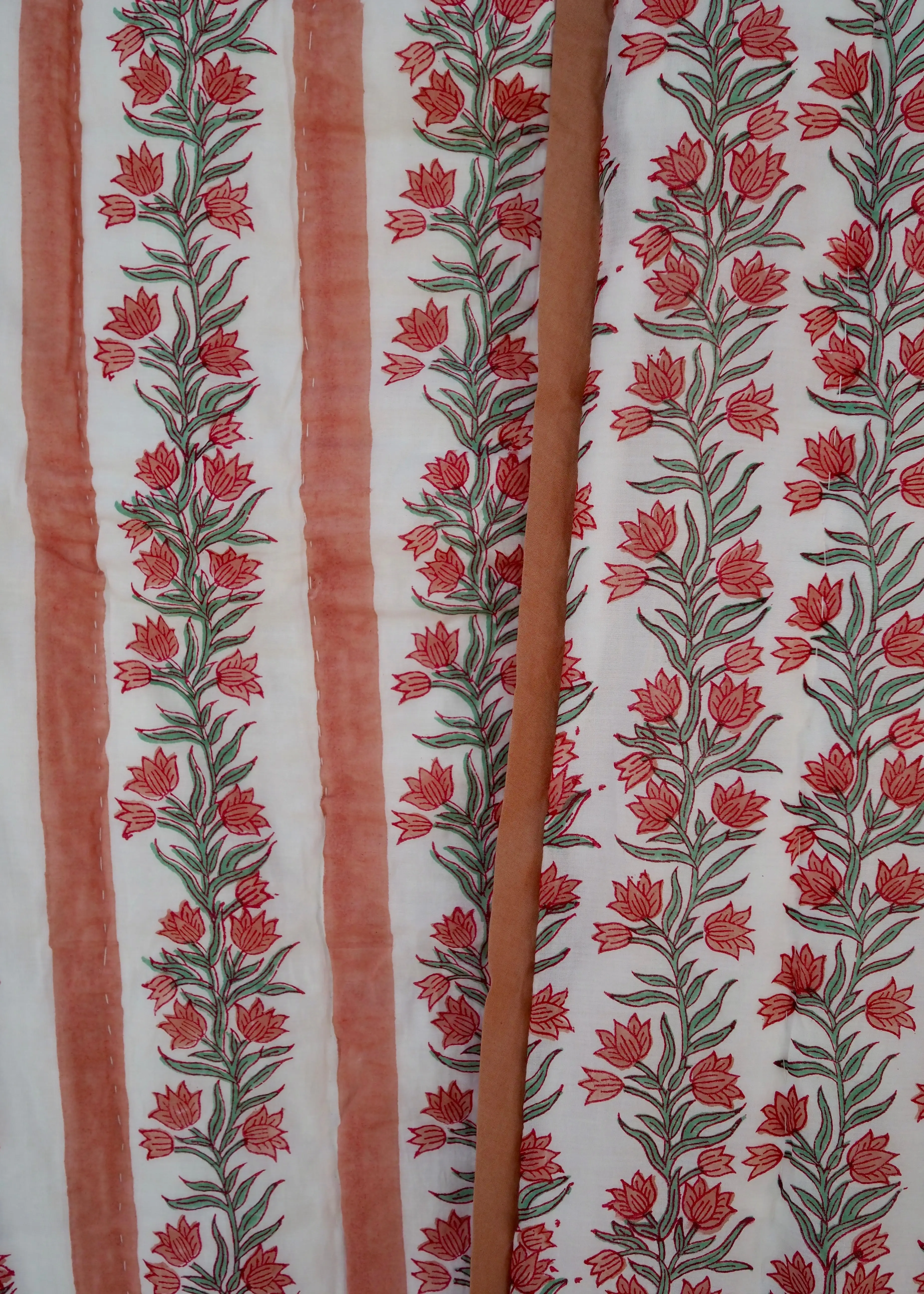 Terracotta Pink Floral Vine and Stripe Bed Quilt - Image 4