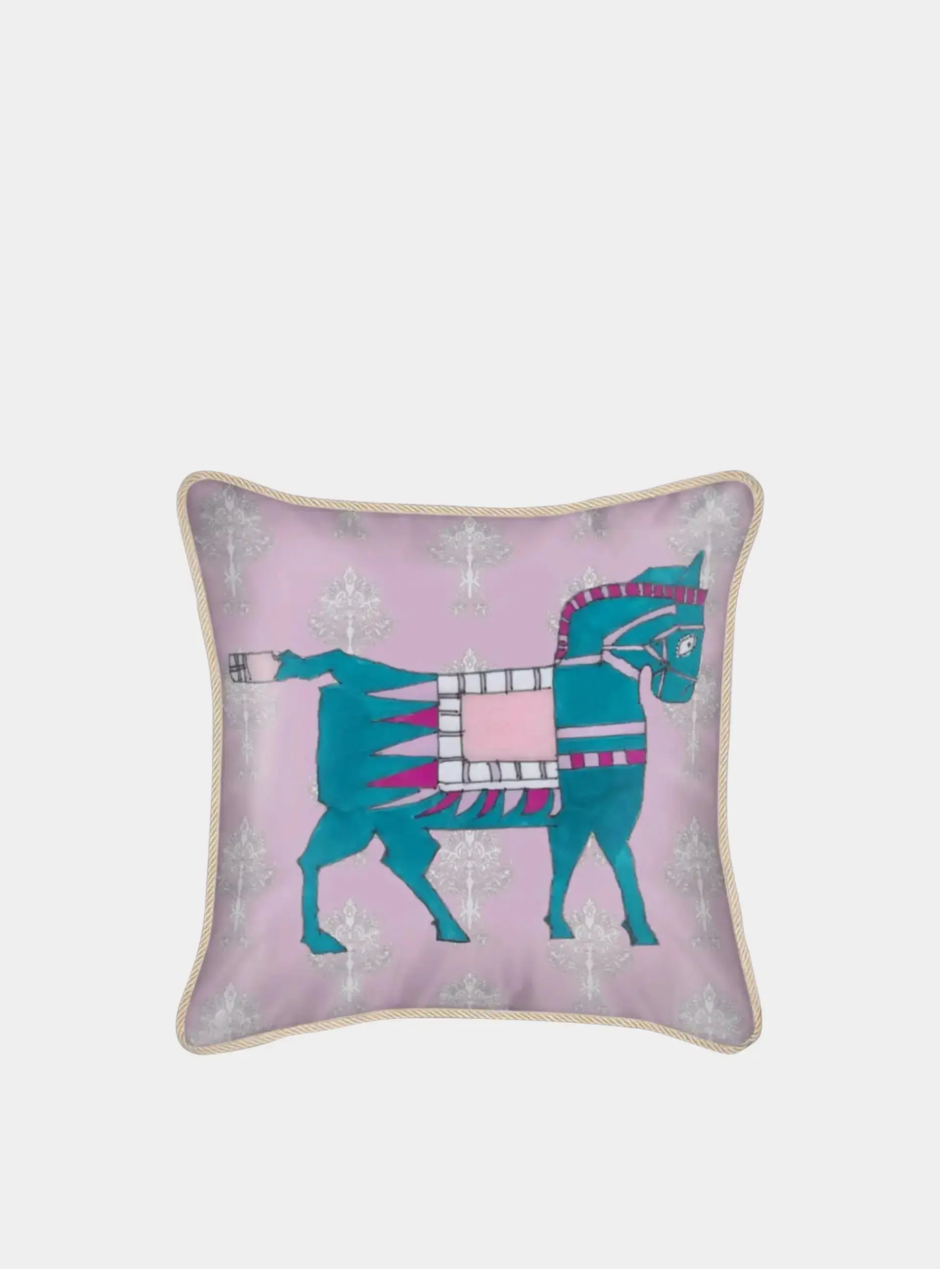 Velvet Cushion - Turquoise Horse on Pink