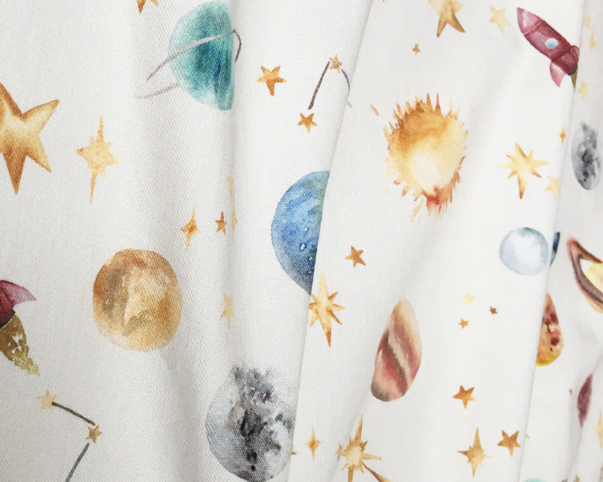 Watercolour Planets Outer Space - Cotton Curtain Fabric - Image 2
