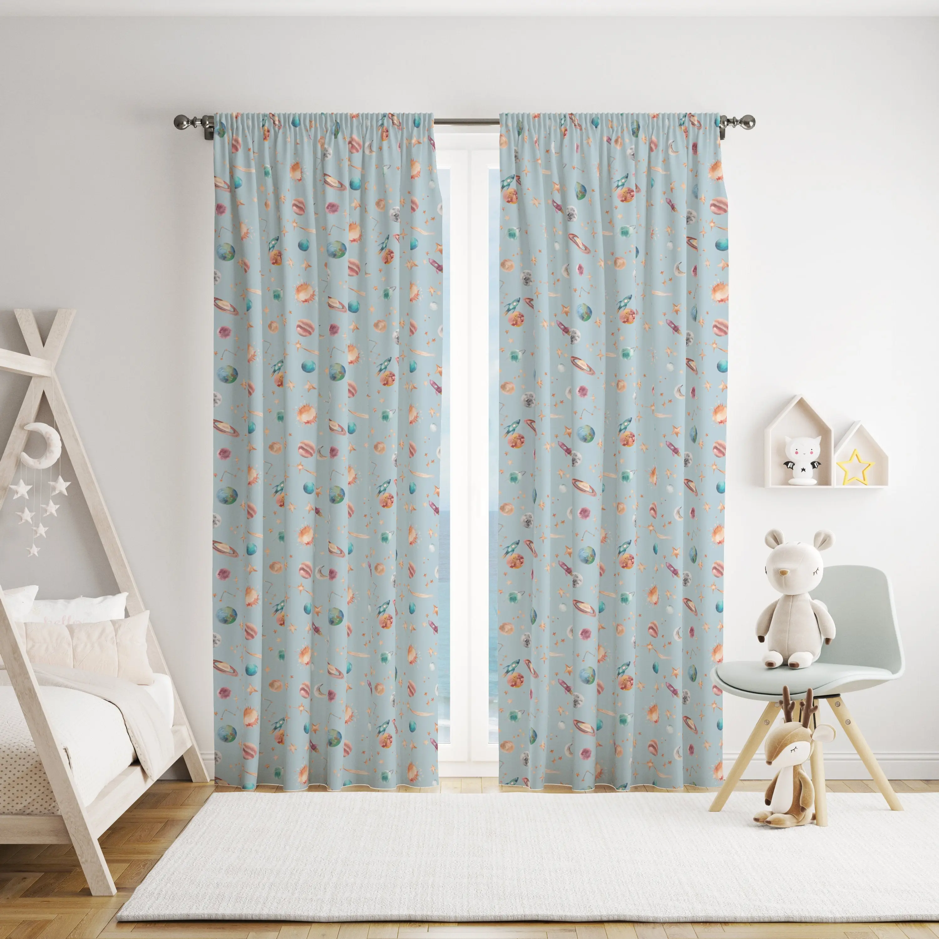 Watercolour Planets Outer Space - Cotton Curtain Fabric - Image 4