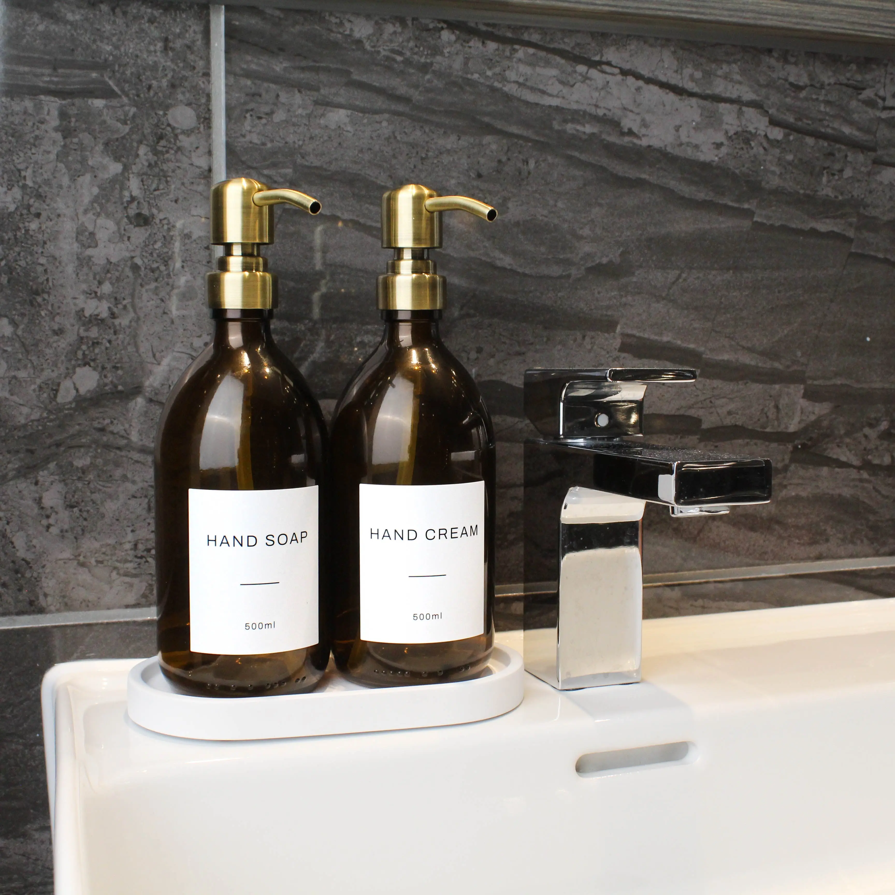 White Tray & Amber Glass Dispenser Double Set - Image 12