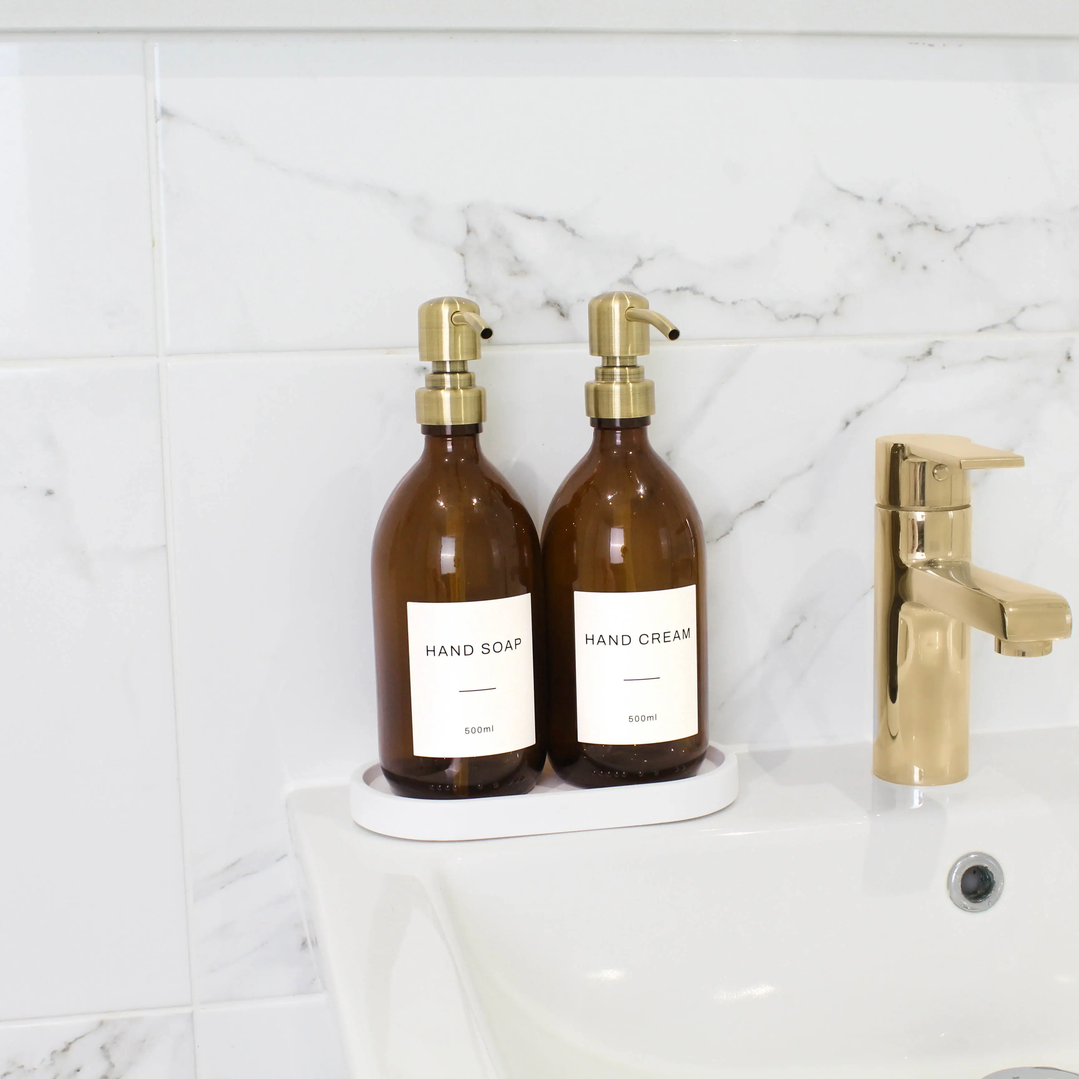White Tray & Amber Glass Dispenser Double Set - Image 5