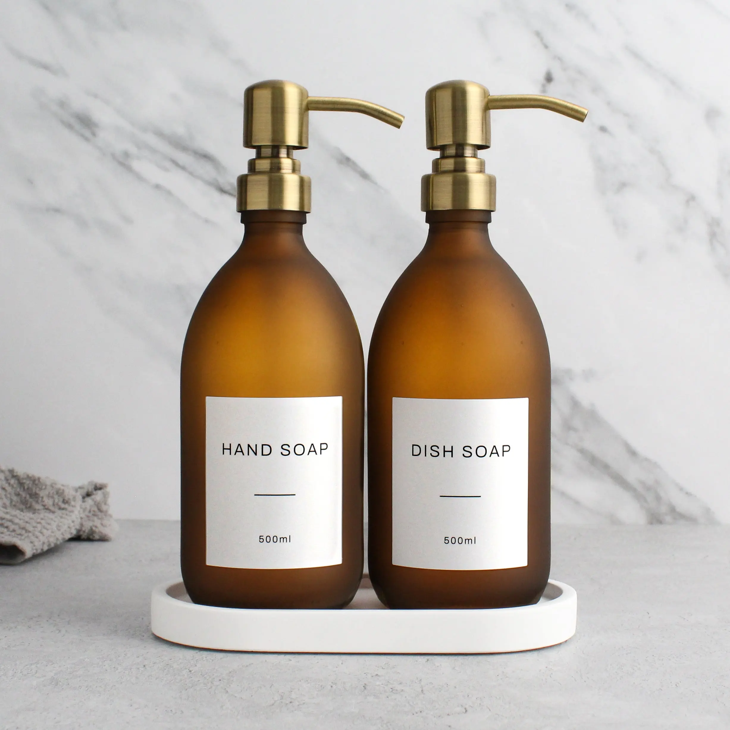 White Tray & Frosted Amber Glass Dispenser Double Set