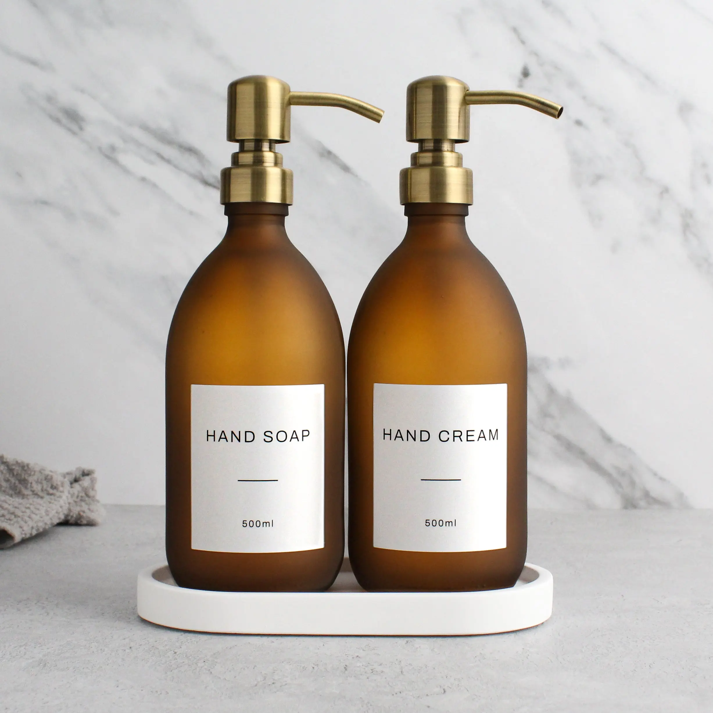 White Tray & Frosted Amber Glass Dispenser Double Set - Image 3