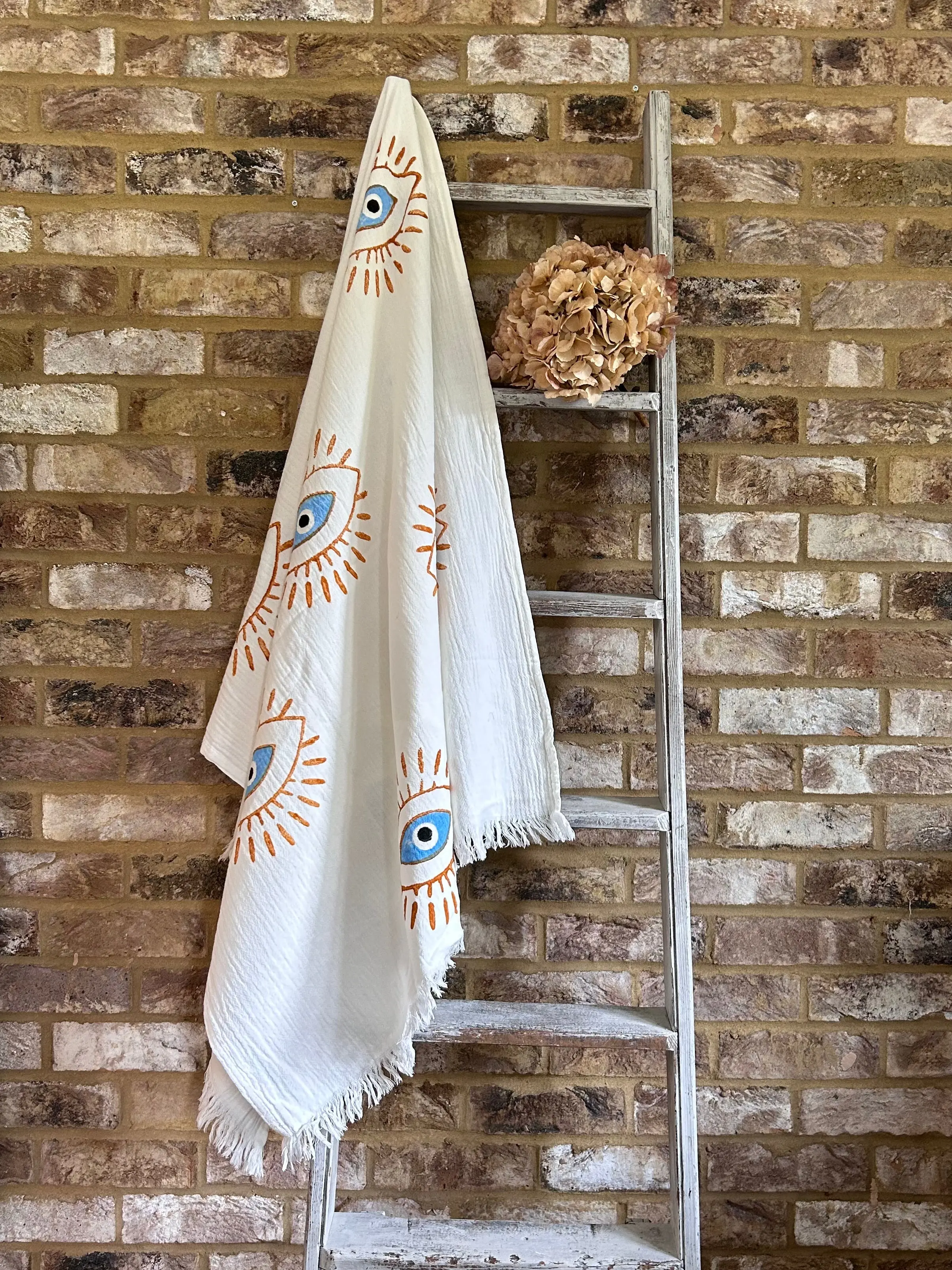 White with Orange & Blue Eye Organic Cotton Peshtemal Towel - Image 3