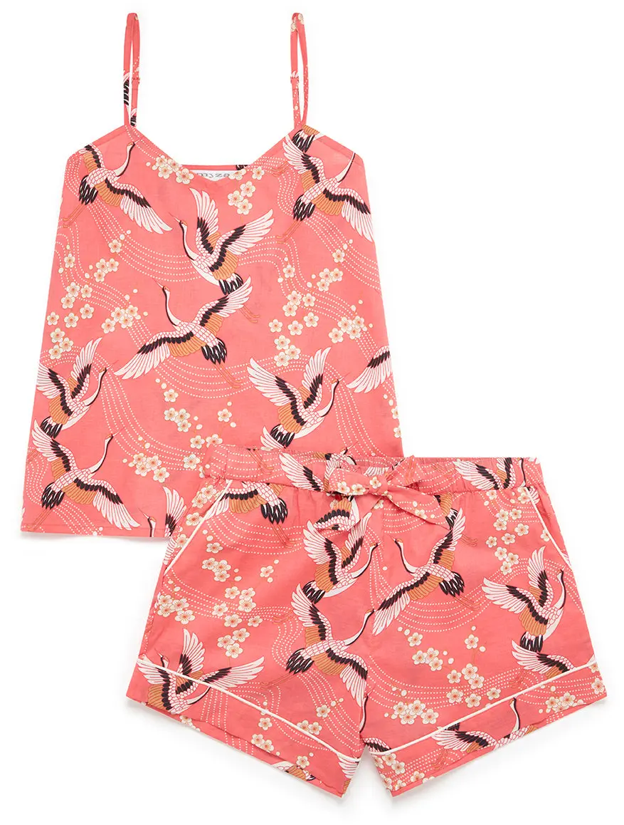 Japanese Crane on Coral Women's Cami Organic Cotton Short Set - Image 6