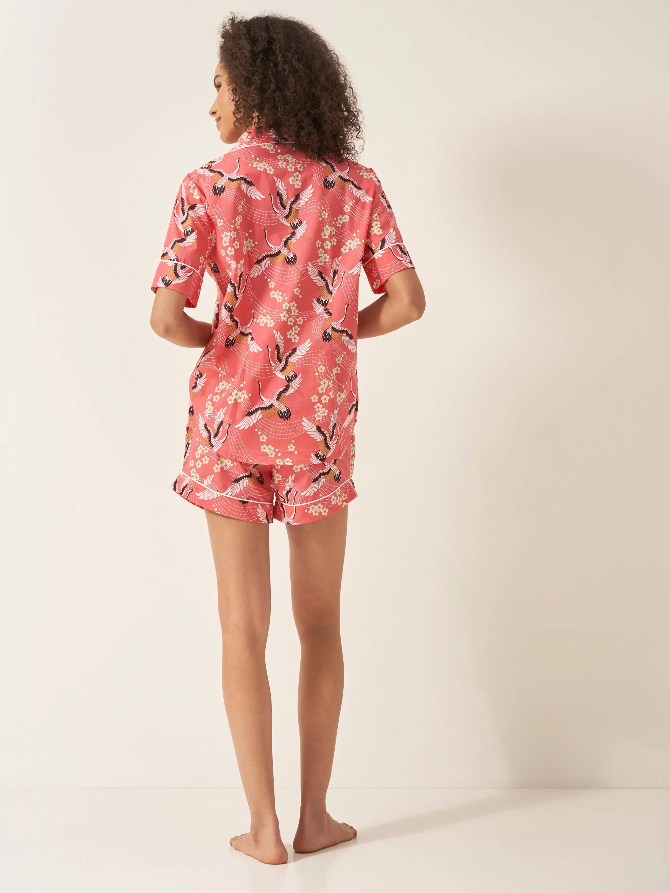 Japanese Crane on Coral Women's Short Sleeve Organic Cotton Pyjama Short Set - Image 4